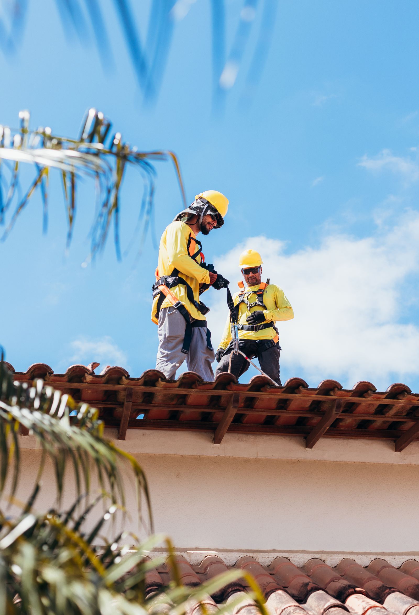 Two Northgate roofers in safety harnesses on a tile roof ridge
